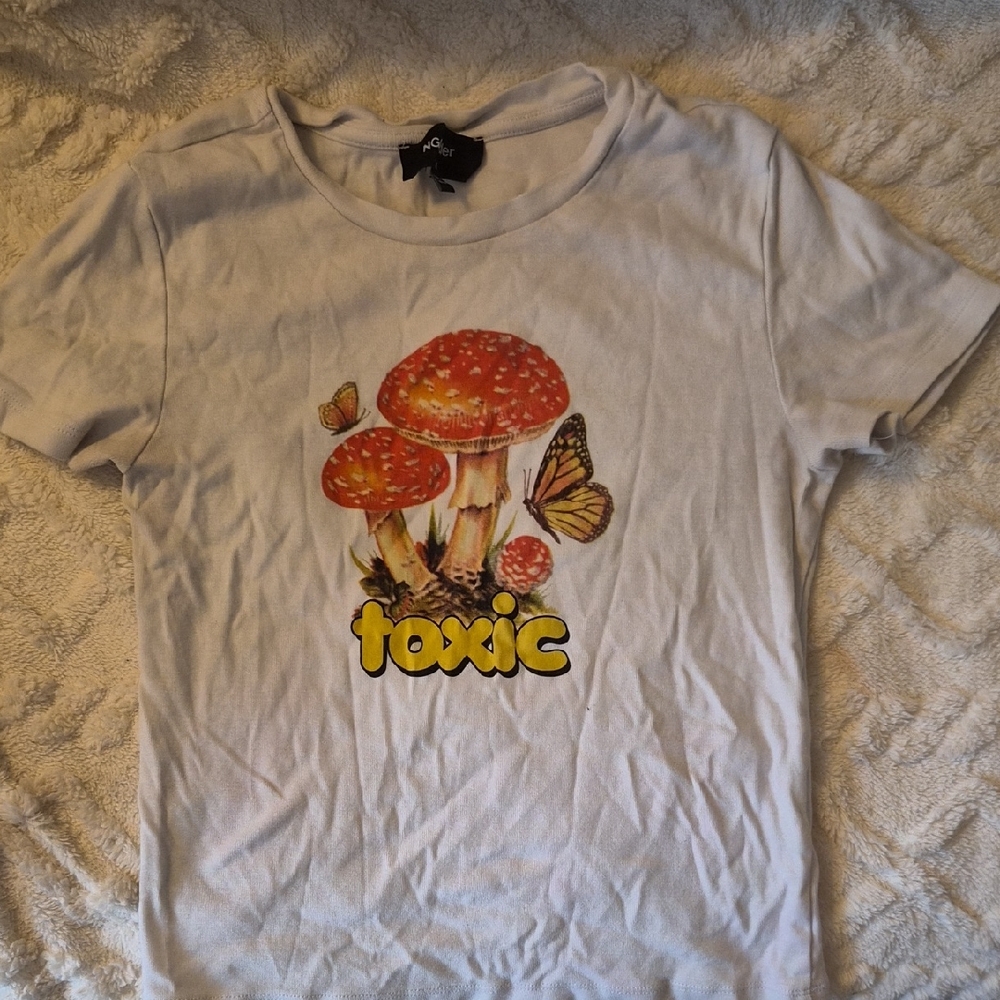 White Graphic Tee with Mushroom and Butterfly Design